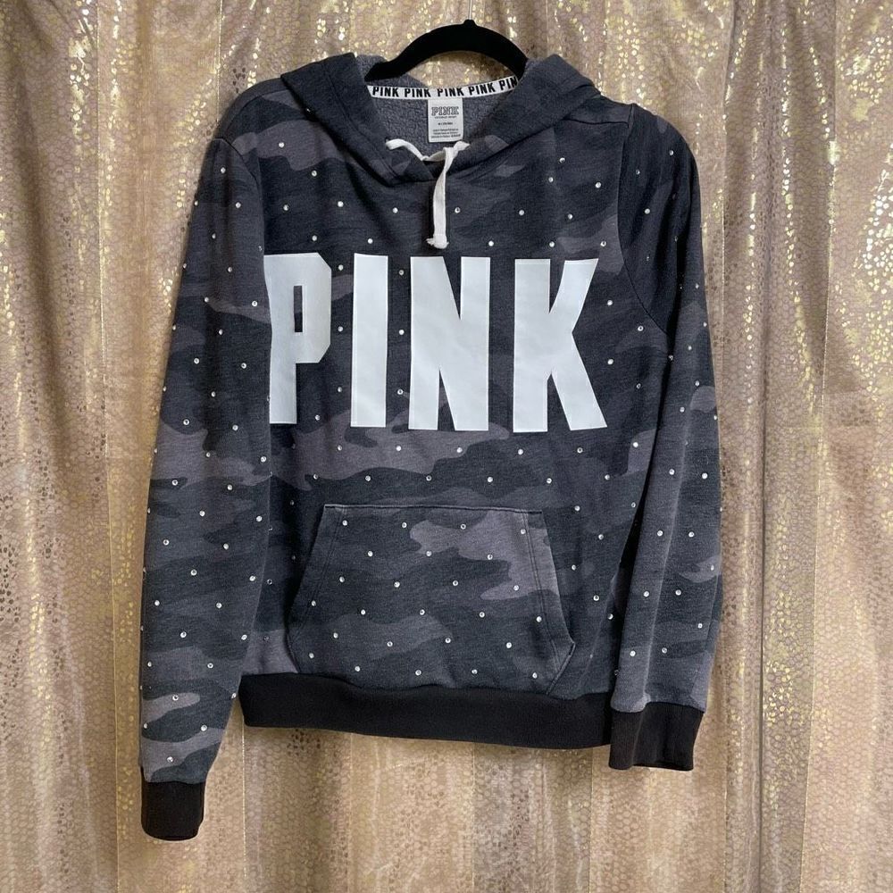PINK Victorias Secret Gray Camo Bling Rhinestone Logo‎ Pullover Hoodie Sweater M